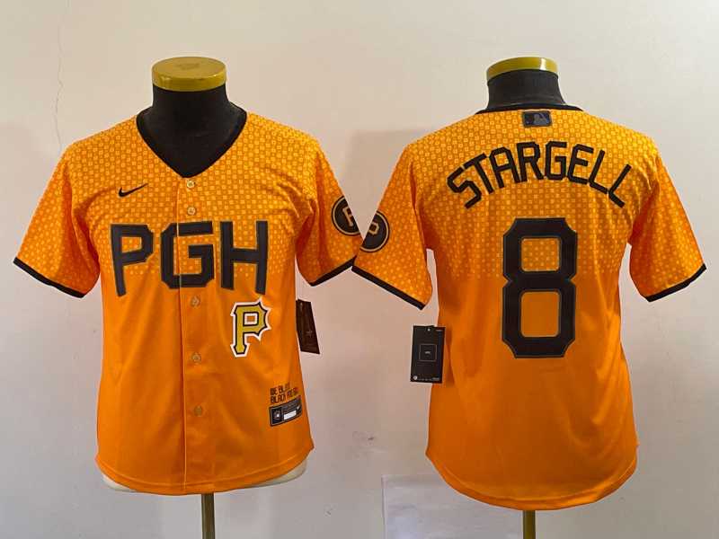 Youth Pittsburgh Pirates #8 Willie Stargell Number Yellow 2023 City Connect Stitched Jersey5->mlb youth jerseys->MLB Jersey